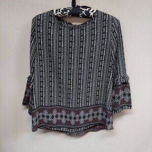 Gibson Top Womens Multicolor Geometric Print Blouse Small 3/4 Ruffle Sleeve